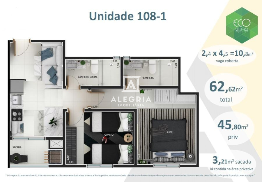 Apartamento 02 Quartos sendo 01 Suíte, Bairro Afonso Pena em São José dos Pinhais